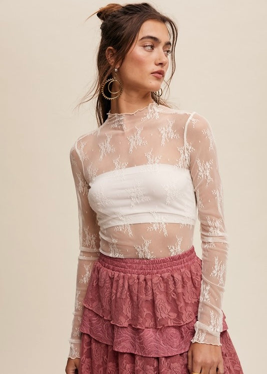 Christine Lace Mock Neck Top | White